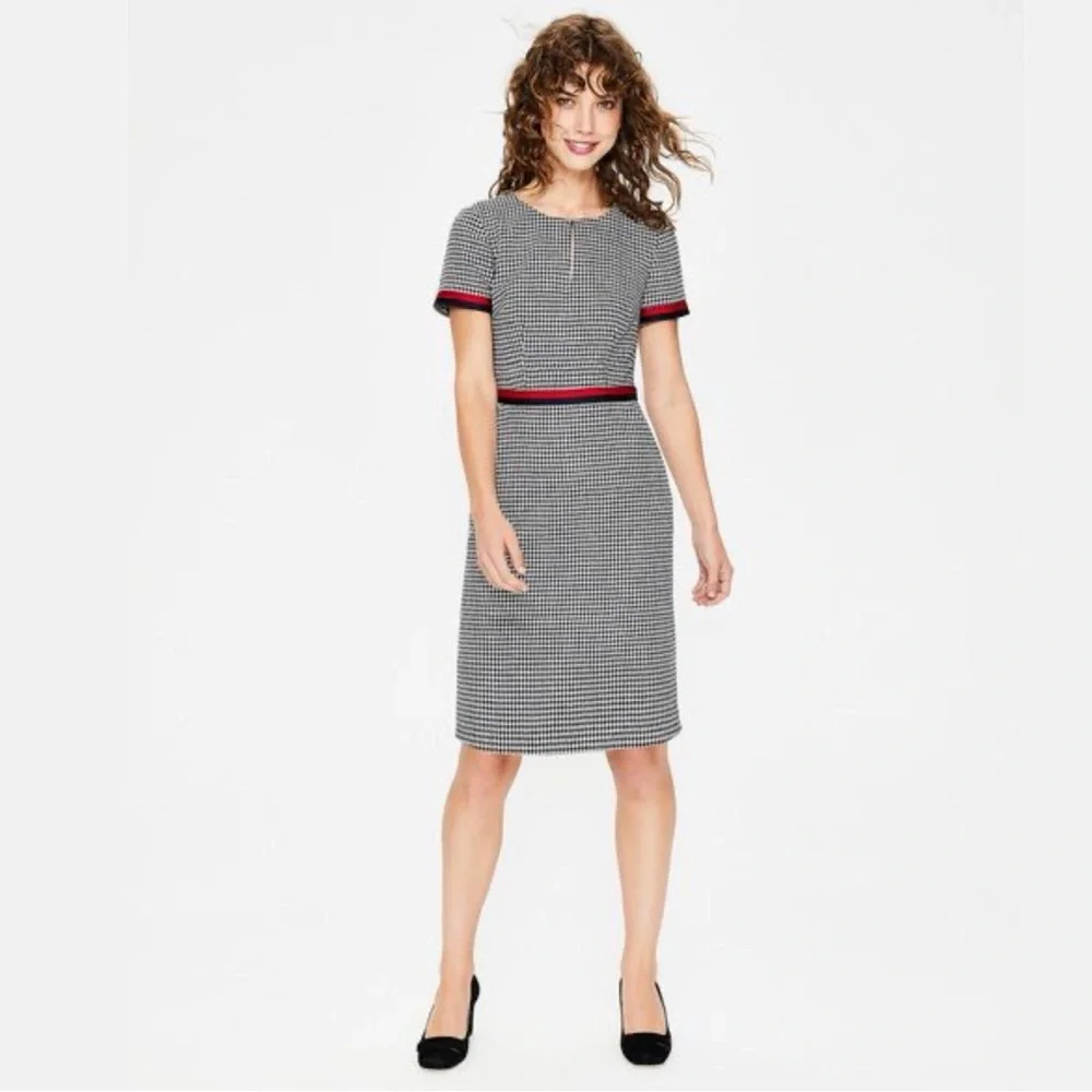 Boden Black & White Houndstooth Shift Dress with Red Trim - Picture 1 of 14
